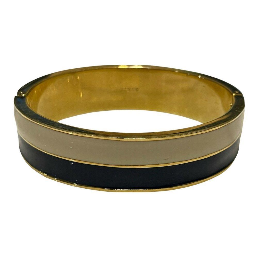 j crew enamel Wide bangle bracelet  blue off white gold tone nautical Striped